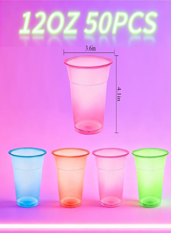 TOSPARTY 50 PCS 12oz Plastic Cups Neon Glowing Party Decorations Disposable Drinking Cups for Birthday Carnivals Glow Themed Party Supplies(Neon) - Image 2