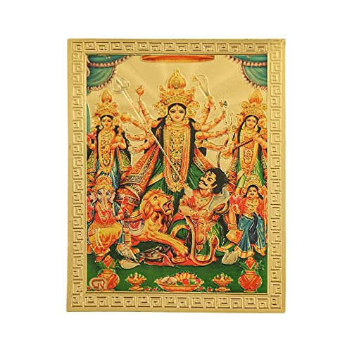 Hawai Acrylic Sheet Printed Gold Plated Maa Durga Sticker, Size 3.5 x 2.5 Inch | Small Pocket Size Self Adhesive Hindu Religious Sticker | Durga Mata Pooja Room Car Temple Decor | SFDI351_PKT - Image 1