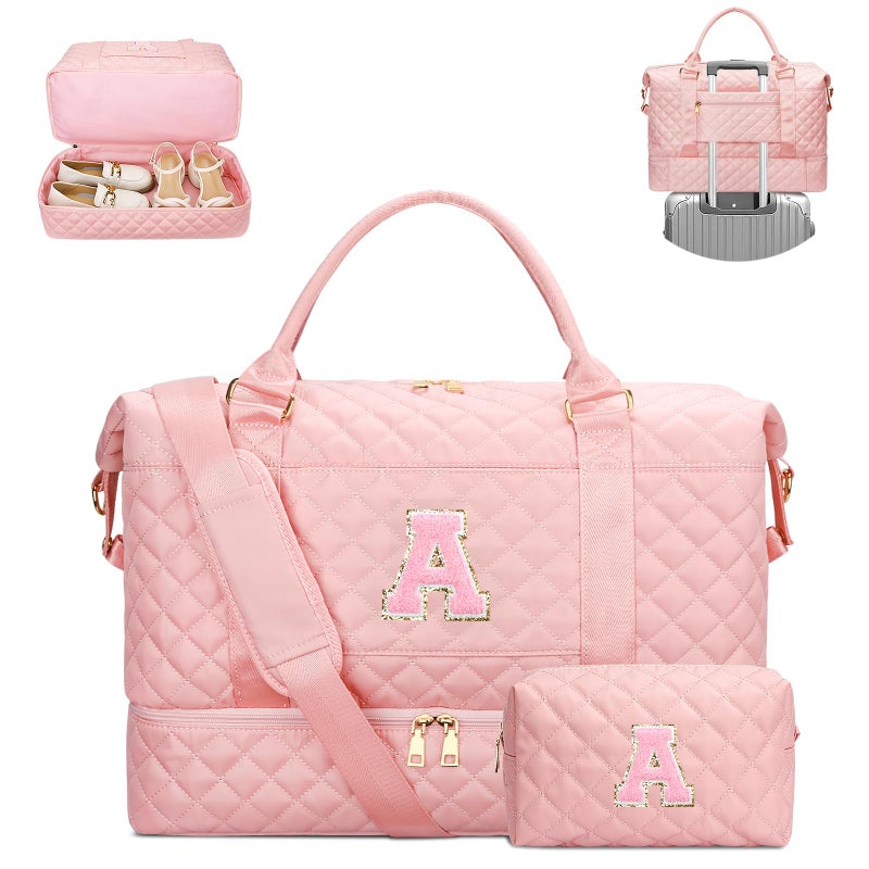 CLOUDWINGS Gifts for Women Girls Initial Travel Duffle Bag Quilted Weekender Carry-On Overnight with Cosmetic Bag, Gym Bag with Shoe Compartment Personalized Bag, Pink A - Image 1