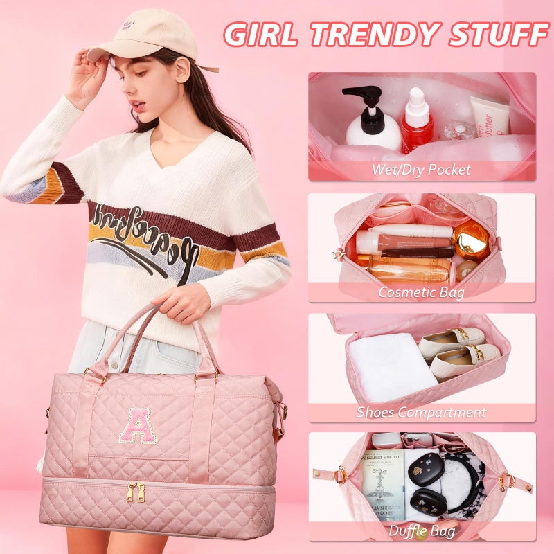 CLOUDWINGS Gifts for Women Girls Initial Travel Duffle Bag Quilted Weekender Carry-On Overnight with Cosmetic Bag, Gym Bag with Shoe Compartment Personalized Bag, Pink A - Image 5