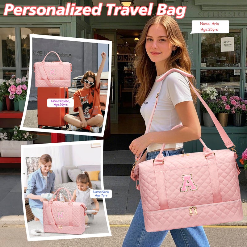 CLOUDWINGS Gifts for Women Girls Initial Travel Duffle Bag Quilted Weekender Carry-On Overnight with Cosmetic Bag, Gym Bag with Shoe Compartment Personalized Bag, Pink A - Image 4