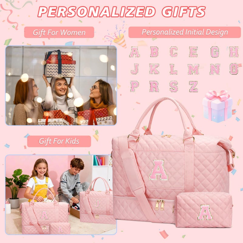 CLOUDWINGS Gifts for Women Girls Initial Travel Duffle Bag Quilted Weekender Carry-On Overnight with Cosmetic Bag, Gym Bag with Shoe Compartment Personalized Bag, Pink A - Image 3