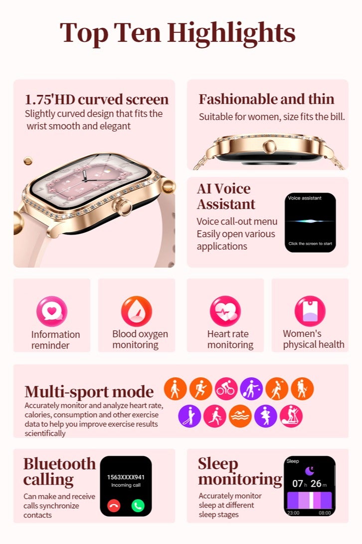 RollsTimi  Women's Fashion Smartwatch Ladies Bluetooth Talk Health Monitor Wristwatch Sports Fitness Tracker Diamond Smartwatch Multi-Sport Mode IP68 Water Resistant MK88 Golden - Image 2