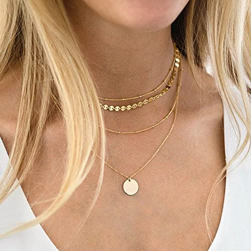 CHESKY 14k Gold Plated Layered Coin Chain Necklace, Dainty Pendant Necklaces Satellite Chokers Simple Handmade Layering Flat Coin Necklace Trendy Minimalist Jewelry - Image 5