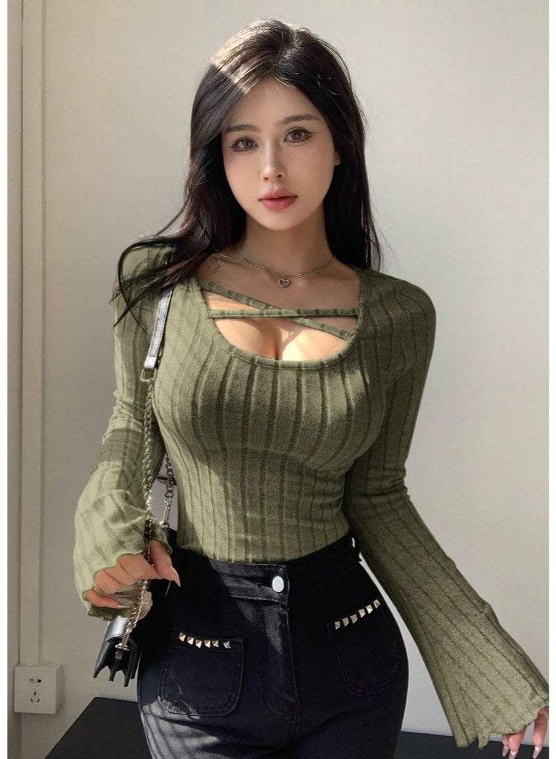 DAZY Women's Solid Color Cross V-Neck Ribbed Long Sleeve Slim T-Shirt - Image 1