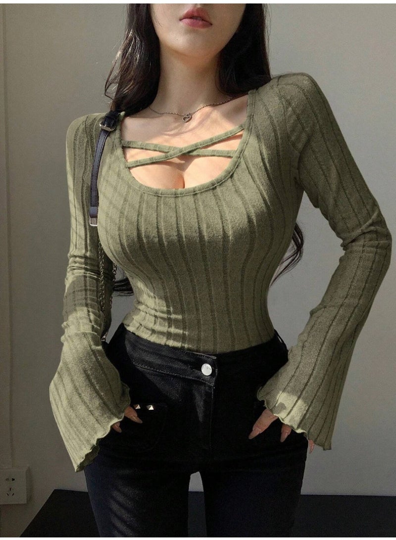DAZY Women's Solid Color Cross V-Neck Ribbed Long Sleeve Slim T-Shirt - Image 2