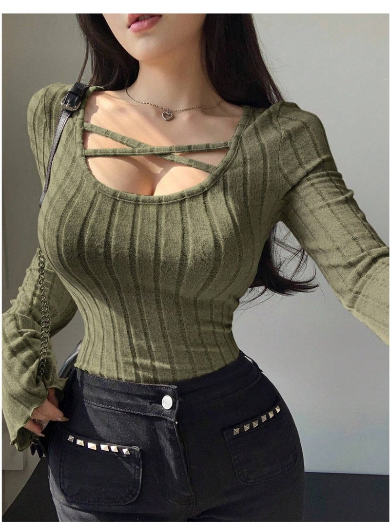 DAZY Women's Solid Color Cross V-Neck Ribbed Long Sleeve Slim T-Shirt - Image 5