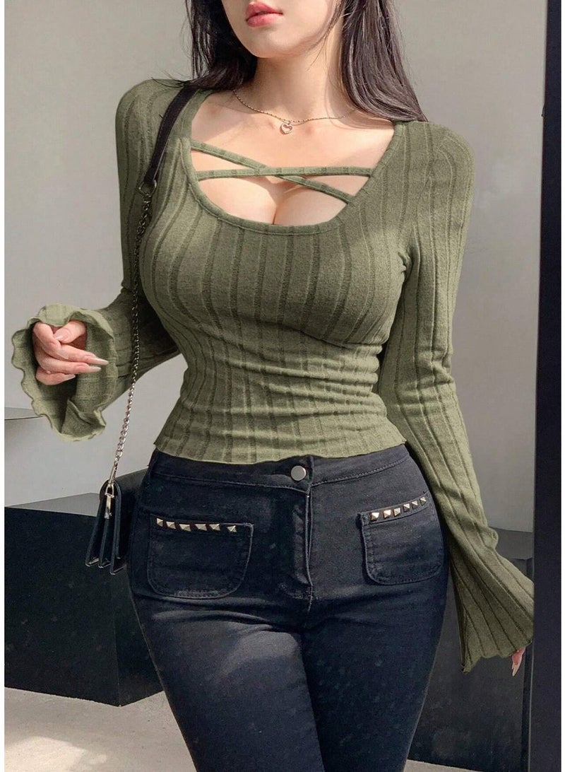 DAZY Women's Solid Color Cross V-Neck Ribbed Long Sleeve Slim T-Shirt - Image 4