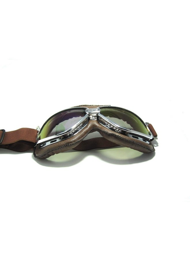 Vintage Aviator Pilot Style Motorcycle Cruiser Scooter Goggle T11 T11Srn Multi Color Lens Silver Color Frame Brown Padding