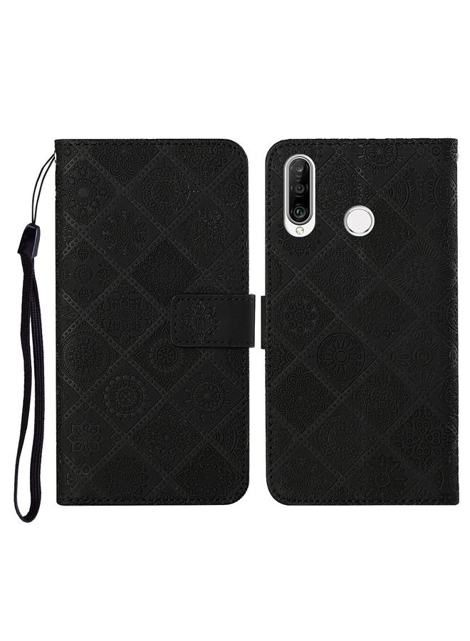 زبون جراب لهاتف Huawei P30 lite بتصميم عرقي منقوش، جراب جلدي أفقي قابل للطي مع حامل وفتحات للبطاقات ومحفظة وحبل - Image 1