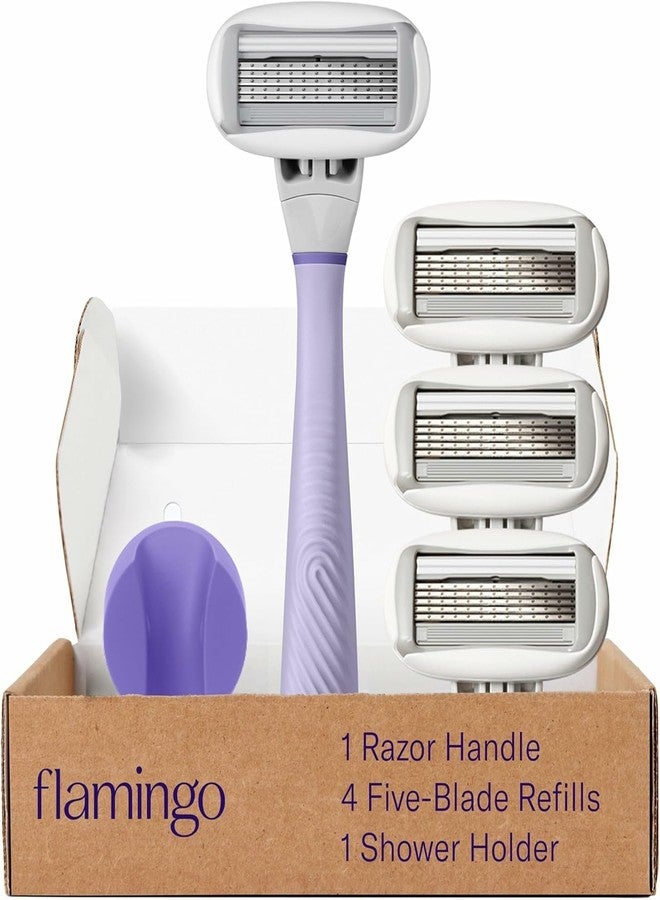 Flamingo Shaving Razor Set for Women - Original Razor Handle, 4 Blade Refills, and Shower Holder - Lilac - Image 1