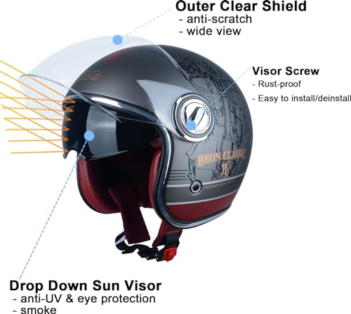 BEON Open Face Motorcycle Helmet for Adults, DOT Approved,Moped 3/4 Half Vespa Vintage Helmet with Dual Visors for Men and Women - Image 3