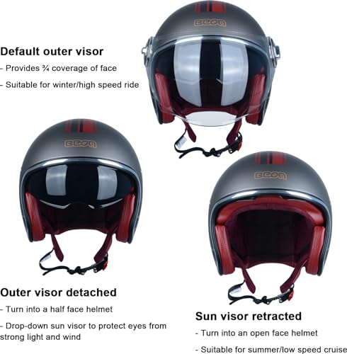 BEON Open Face Motorcycle Helmet for Adults, DOT Approved,Moped 3/4 Half Vespa Vintage Helmet with Dual Visors for Men and Women - Image 4