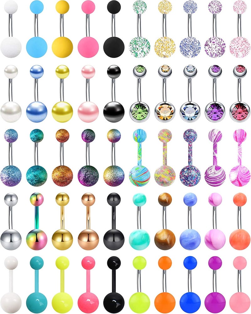 EVELICAL 24-50Pcs 14G Stainless Steel Belly Button Rings for Women CZ Screw Navel Bars Body Piercing Jewelry - Image 1