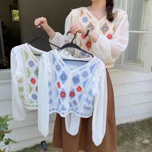 ICW Women's Retro Style Boho V-Neck Floral Print Crochet Hollow Out Puff Sleeve Botton-up Crop Top Shirt DN66 (in, Alpha, XS, Regular, Blue) - Image 3
