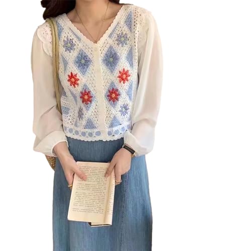 ICW Women's Retro Style Boho V-Neck Floral Print Crochet Hollow Out Puff Sleeve Botton-up Crop Top Shirt DN66 (in, Alpha, XS, Regular, Blue) - Image 1