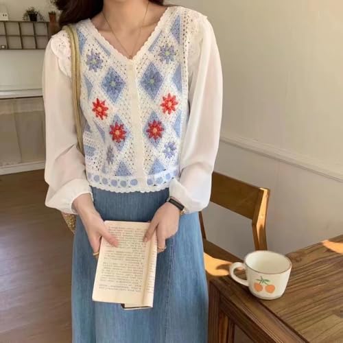 ICW Women's Retro Style Boho V-Neck Floral Print Crochet Hollow Out Puff Sleeve Botton-up Crop Top Shirt DN66 (in, Alpha, XS, Regular, Blue) - Image 2