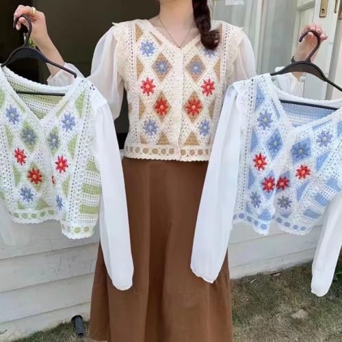 ICW Women's Retro Style Boho V-Neck Floral Print Crochet Hollow Out Puff Sleeve Botton-up Crop Top Shirt DN66 (in, Alpha, XS, Regular, Blue) - Image 4