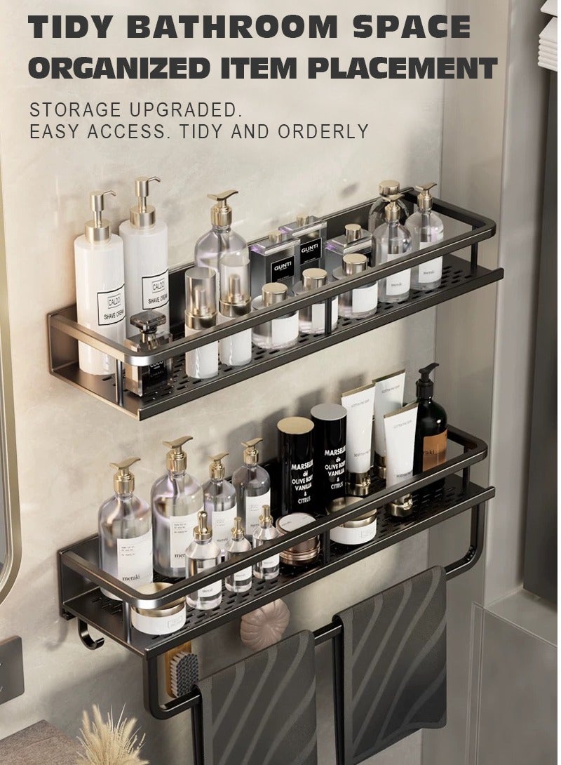 رفّ للتخزين في الحمام، رفّ حائطي مزدوج الطبقة لا يحتاج إلى تثبيت بالحفر، رفّ حائطي بدون ثقوب، تنظيم لوازم الاستحمام، حامل مناديل، رفّ تخزين مصنوع من الألمنيوم - Image 1