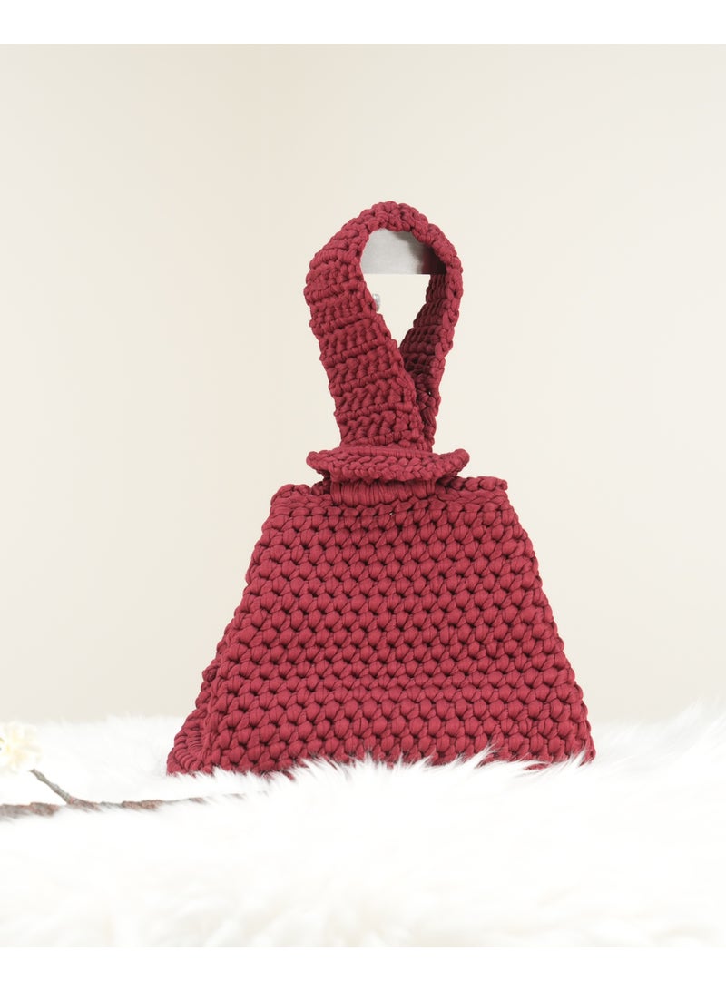Burgundy Crochet Handbag with Folded Handle