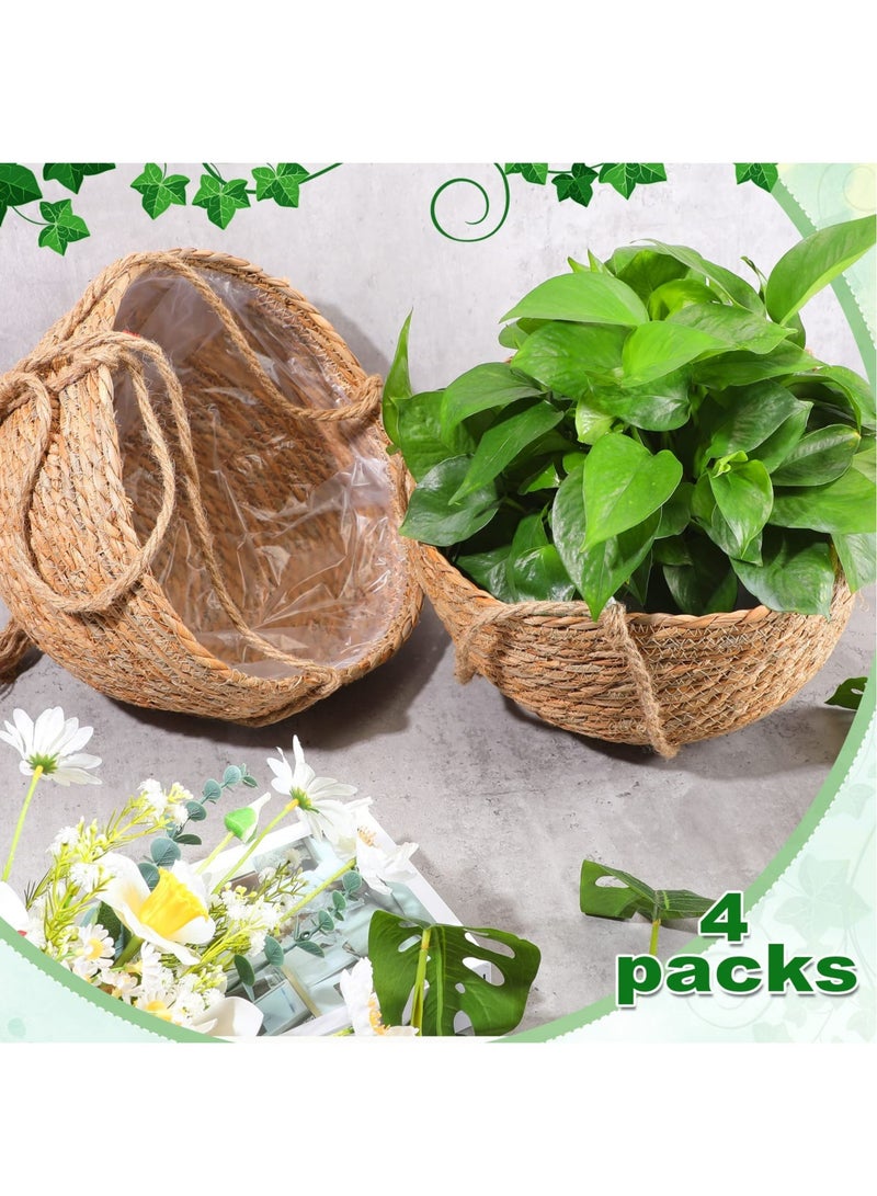 Excefore سلة نبات معلقة، حامل نباتات ماكرامي داخلية، سلة تخزين طبيعية لحامل إناء الزهور، إناء معلق منسوج، نبات معلق من حبل الجوت، نباتات معلقة مثبتة على الحائط، زخرفة زهور منسوجة يدويًا 4 قطع - Image 4