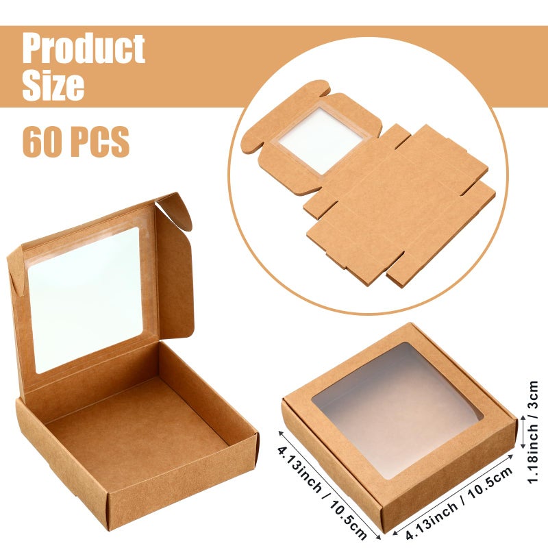 Zonon 60 Pcs Soap Boxes for Homemade Packaging Mini Kraft Treat Box with Window for Gift Present Bakery Candy Packaging(Brown,4.13 x 4.13 x 1.2 Inch) - Image 2