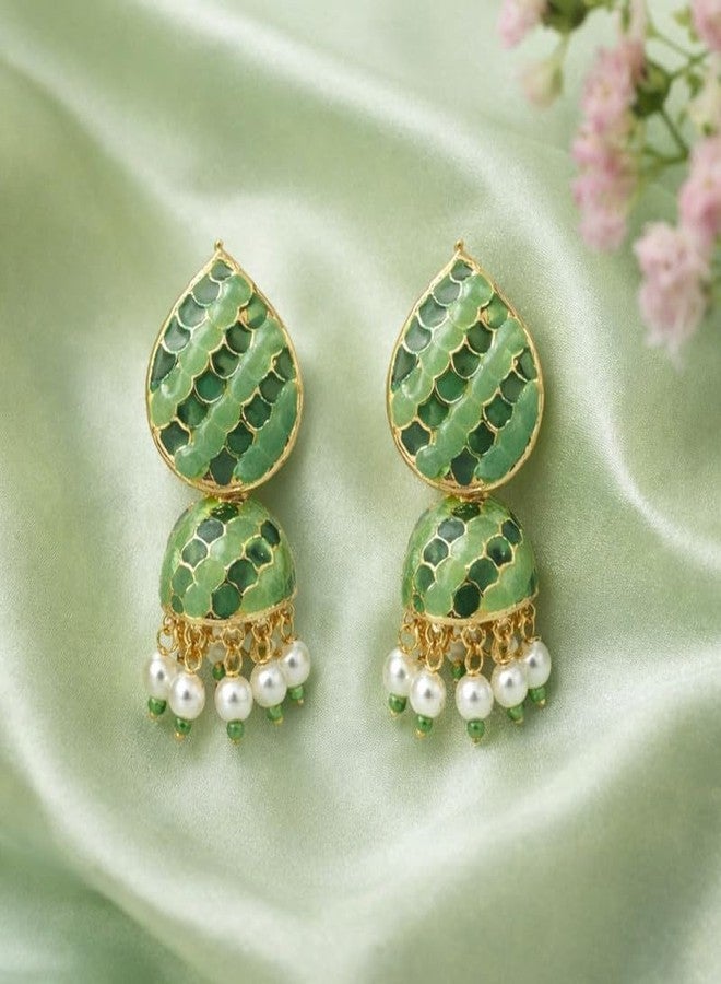 Accessher Green Meenakari Jhumka Earrings for Women | Traditional Drop & Dangle Earrings with Pearl Beads | Lightweight and Stylish Jewellery for Women & Girls - Image 3