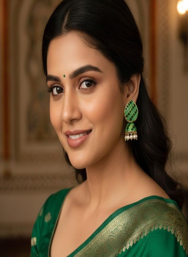 Accessher Green Meenakari Jhumka Earrings for Women | Traditional Drop & Dangle Earrings with Pearl Beads | Lightweight and Stylish Jewellery for Women & Girls - Image 5