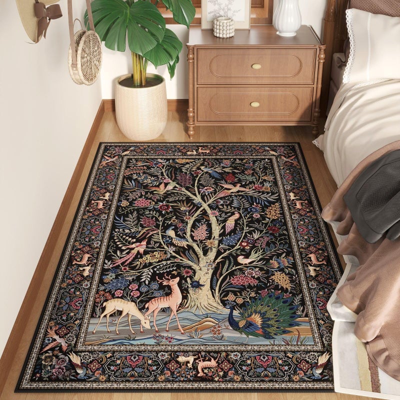 Rugcomf Area Rugs 4x6 Vibrant Tree of Life-Patterned Vintage Washable Rugs Non Slip Low Pile Small Carpet for Bedroom Bedside Kids Room Office Dining Room, Black - Image 2