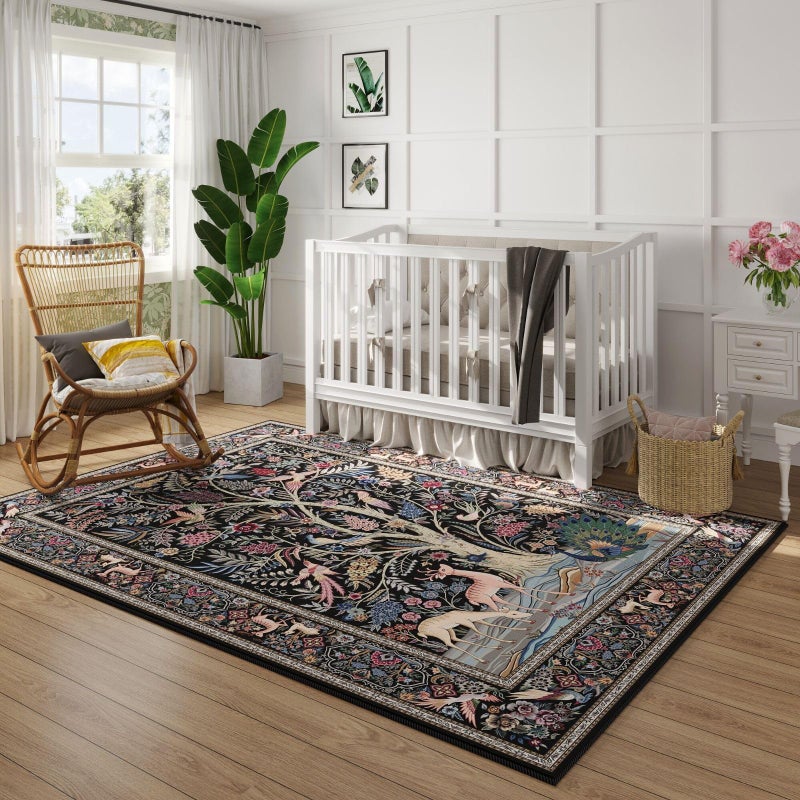 Rugcomf Area Rugs 4x6 Vibrant Tree of Life-Patterned Vintage Washable Rugs Non Slip Low Pile Small Carpet for Bedroom Bedside Kids Room Office Dining Room, Black - Image 3