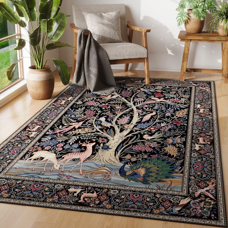 Rugcomf Area Rugs 4x6 Vibrant Tree of Life-Patterned Vintage Washable Rugs Non Slip Low Pile Small Carpet for Bedroom Bedside Kids Room Office Dining Room, Black - Image 1