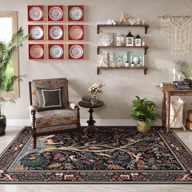 Rugcomf Area Rugs 4x6 Vibrant Tree of Life-Patterned Vintage Washable Rugs Non Slip Low Pile Small Carpet for Bedroom Bedside Kids Room Office Dining Room, Black - Image 5