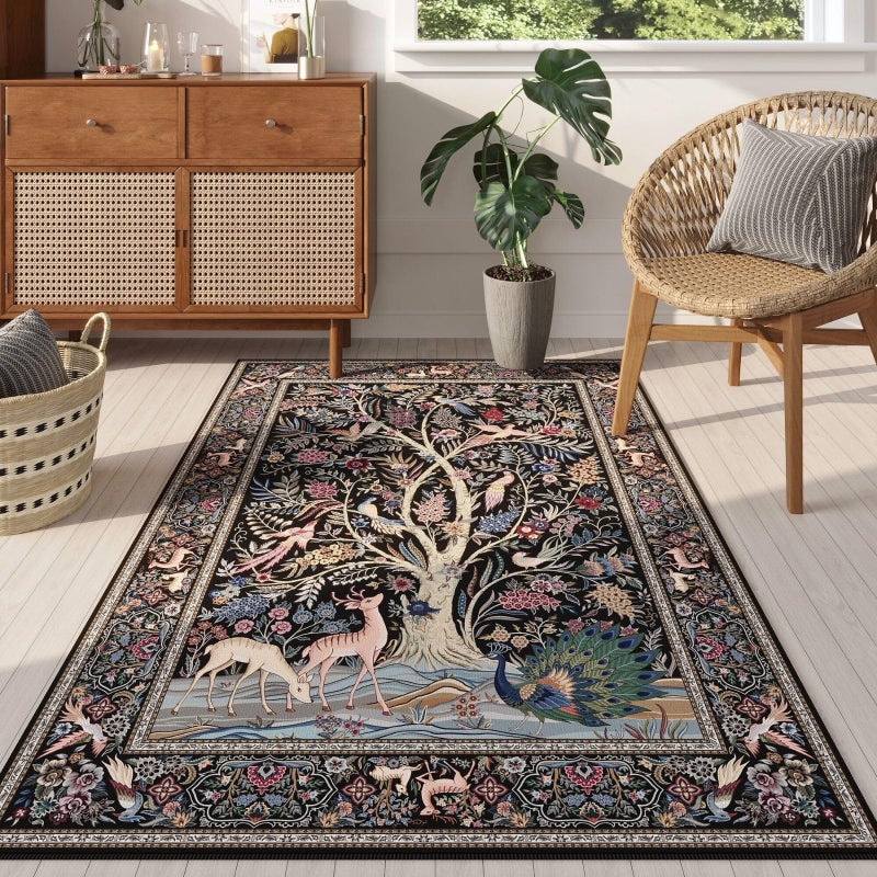 Rugcomf Area Rugs 4x6 Vibrant Tree of Life-Patterned Vintage Washable Rugs Non Slip Low Pile Small Carpet for Bedroom Bedside Kids Room Office Dining Room, Black - Image 4