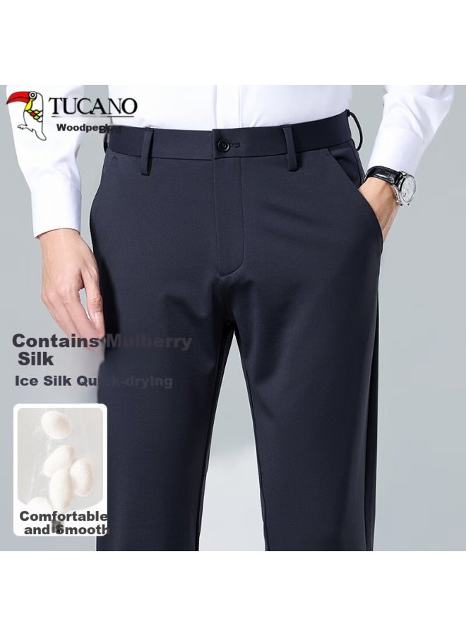 Tucano Men's Casual Pants Men's Mulberry Silk Elastic Slim Fit Versatile Western Pants Business Breathable Comfortable Long Pants Men's Wear Navy Blue 34 - Image 1
