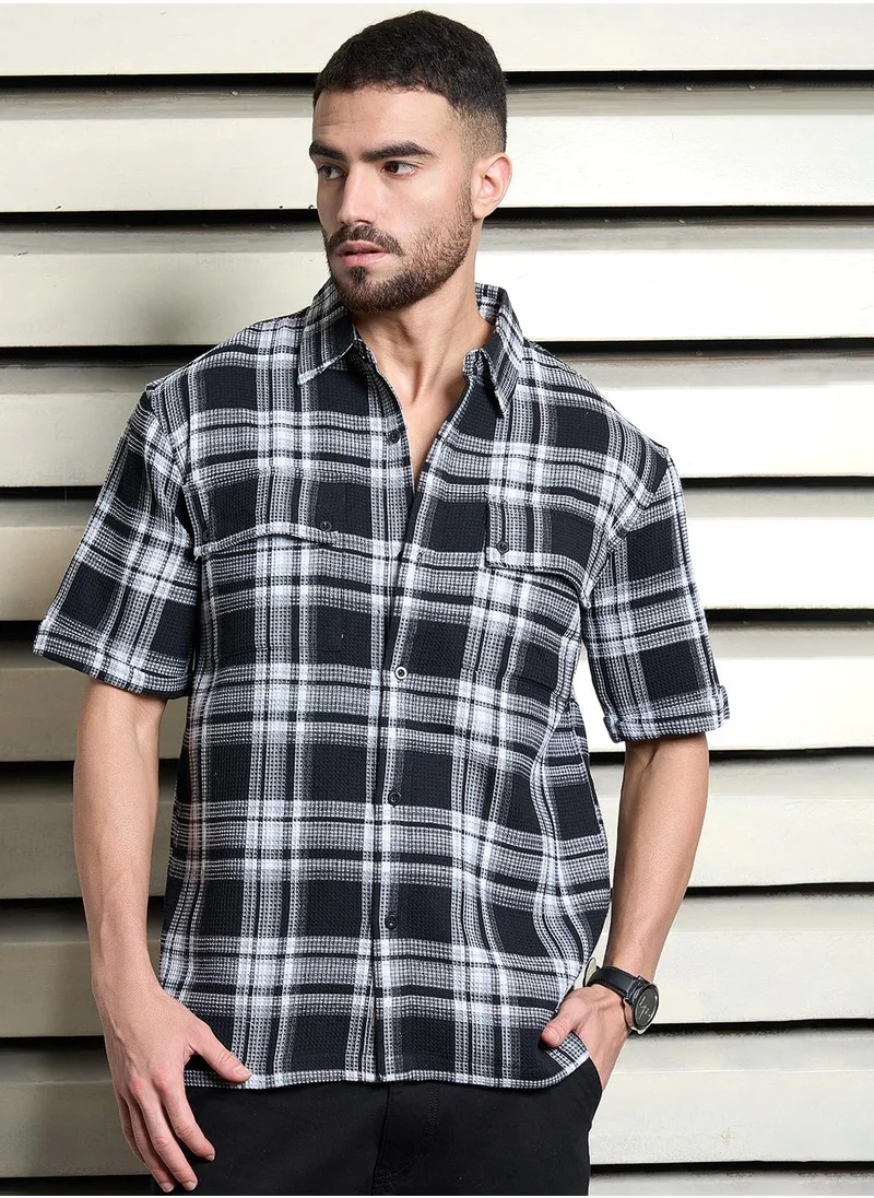 HIGH STAR Men's Multicolor Waffle Check Oversized Shirt with Spread Collar