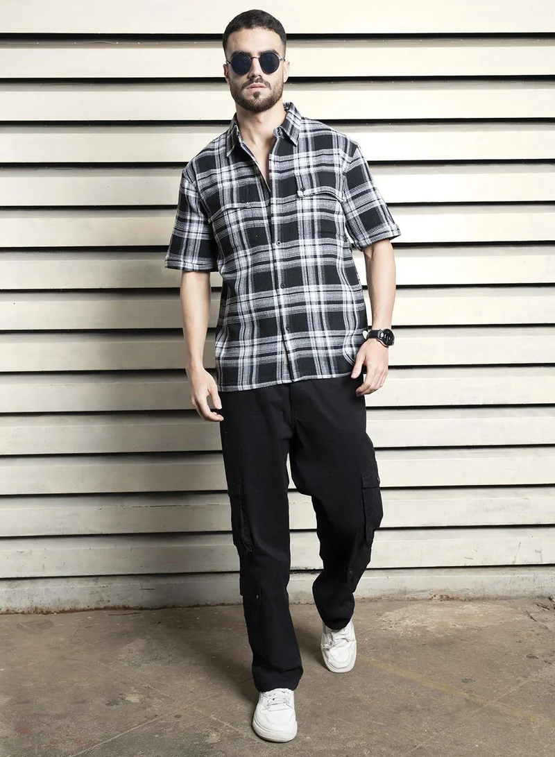 HIGH STAR Men's Multicolor Waffle Check Oversized Shirt with Spread Collar