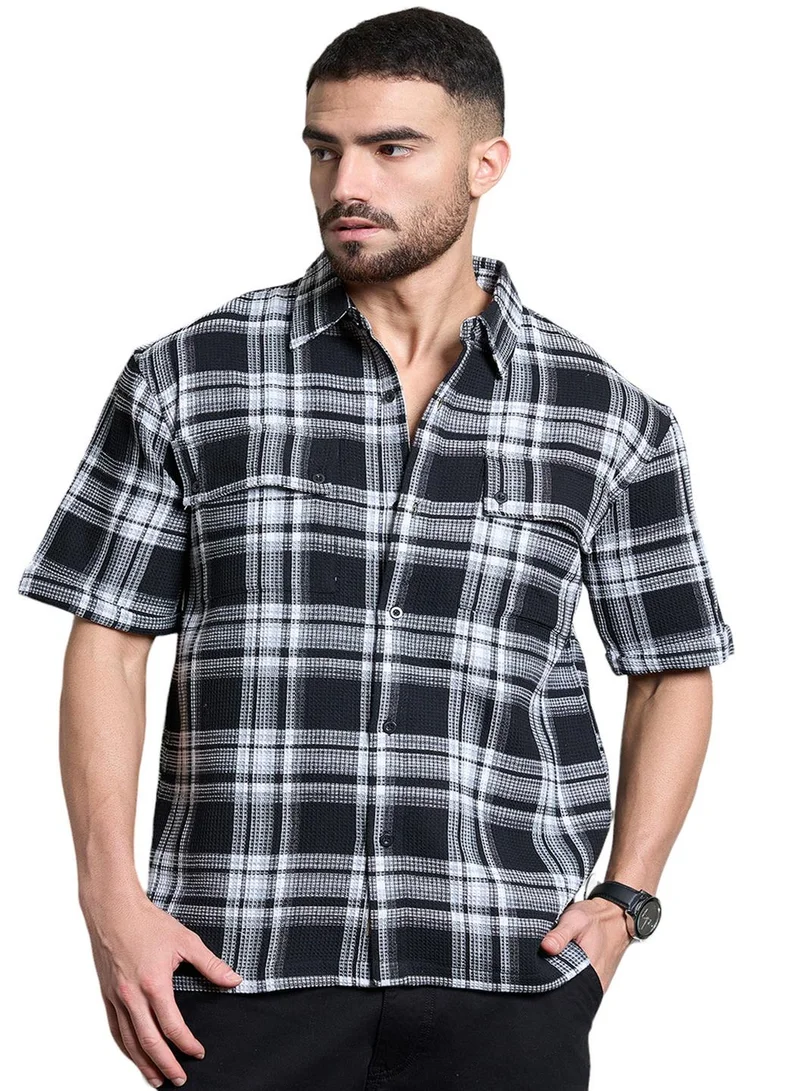 HIGH STAR Men's Multicolor Waffle Check Oversized Shirt with Spread Collar