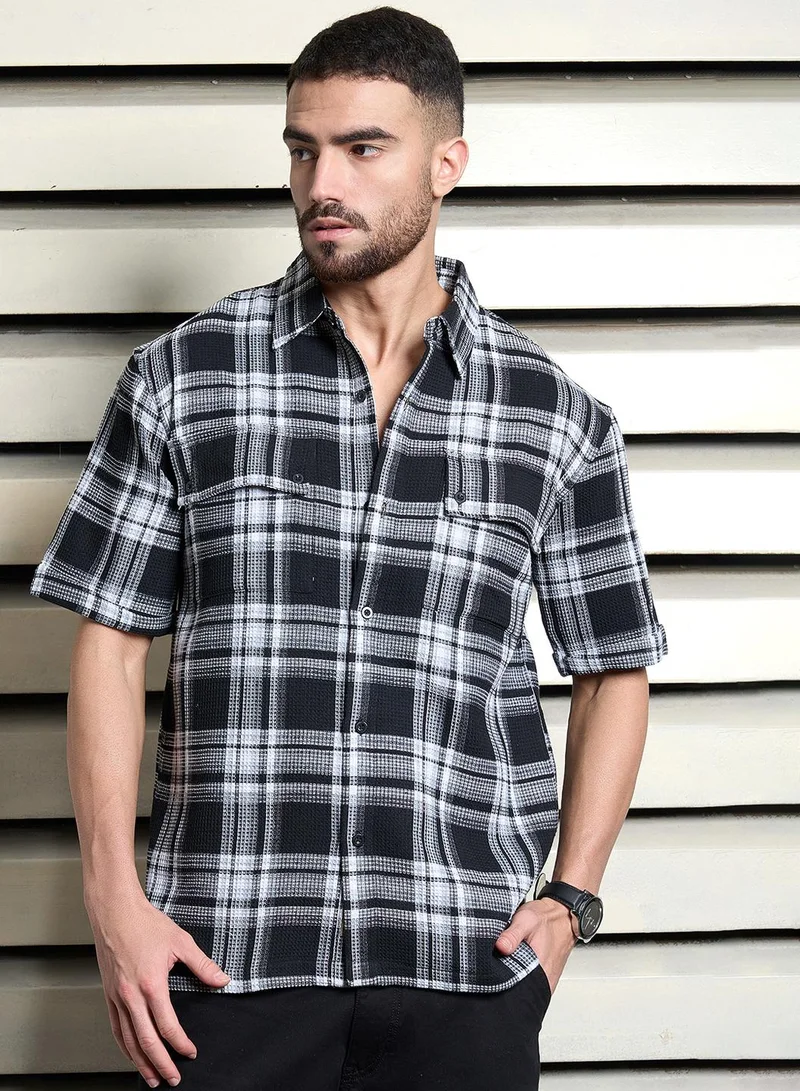 HIGH STAR Men's Multicolor Waffle Check Oversized Shirt with Spread Collar