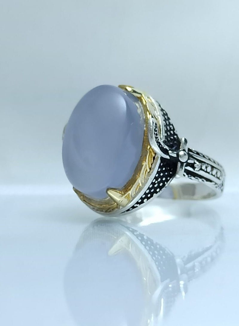 Light blue Yemeni agate men ring with 925 sterling silver - Image 1