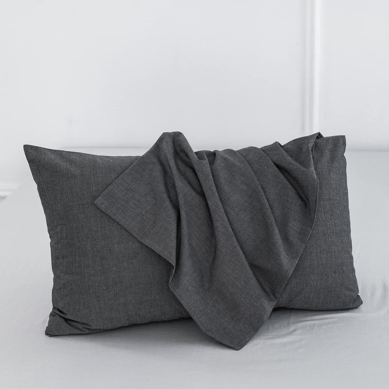 MooMee Bedding Pillowcases Pack of 2 100% Washed Cotton Linen Like Textured Breathable Durable Soft Comfy (Dark Grey  Standard) - Image 2