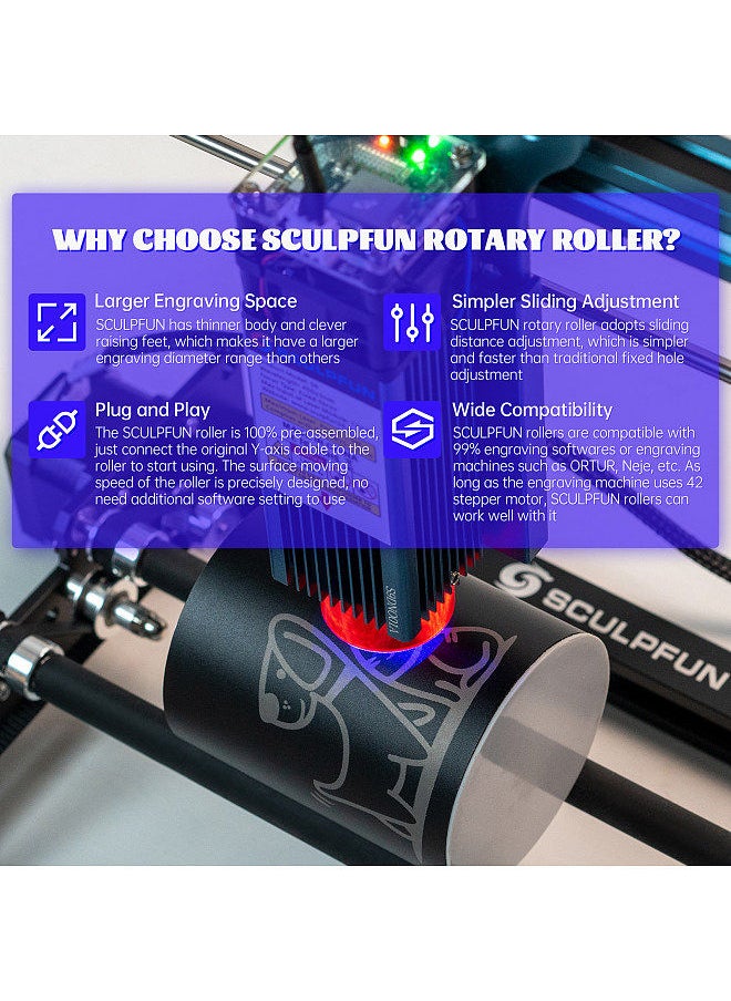 Laser Rotary Roller Laser Engraver Y-axis Rotary Roller 360° Rotating for  6-150mm Different Engraving Diameter for Laser Engraving Cylindrical Objects Cans