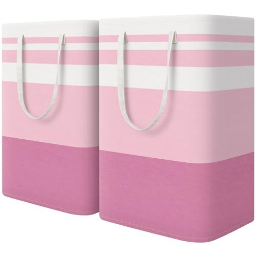 HomeHacks 2 Pack Large Laundry Baskets, Waterproof, Freestanding Laundry Hampers, Collapsible Clothes Hamper with Reinforced Handles in Laundry, College Dorm, Bathroom, Bedroom (Pink, 75Lx2) - Image 1