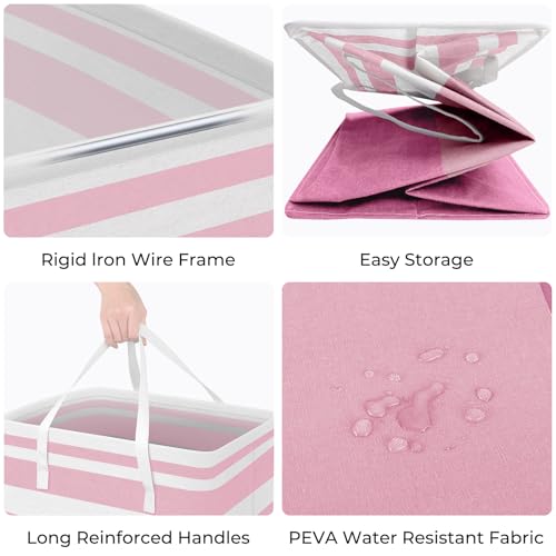 HomeHacks 2 Pack Large Laundry Baskets, Waterproof, Freestanding Laundry Hampers, Collapsible Clothes Hamper with Reinforced Handles in Laundry, College Dorm, Bathroom, Bedroom (Pink, 75Lx2) - Image 2