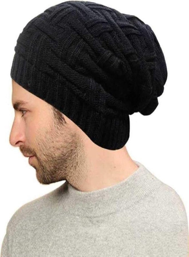 Bindian Beanie Cap for Men Women Skull Slouchy Winter Woolen Knitted Inside Fur Men's Caps(Assorted Pattern) Black - Image 1