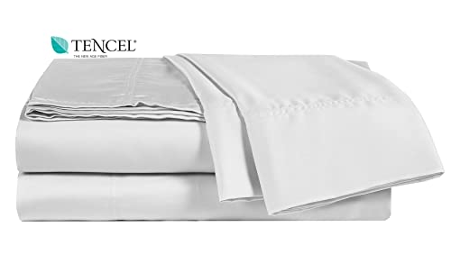 ELINEN ELINEN 100 Tencel Sheet Set  Queen Size 4 Piece Sheets with Deep Pockets up to 18 Inches  Luxuriously Cooling Super Soft  Silky Sateen Weave Lyocell Bed Sheets in White Queen 