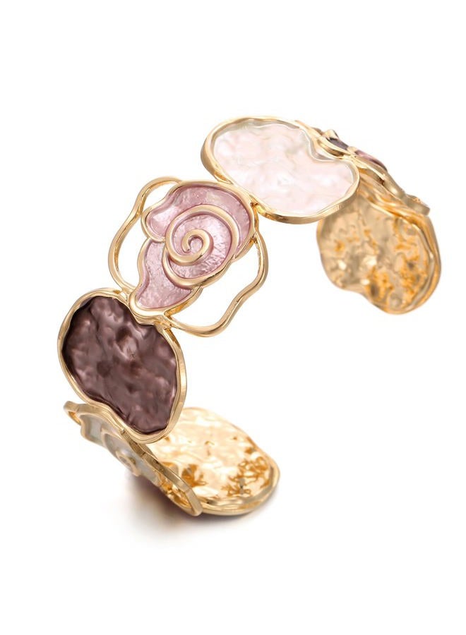 LUREME Gold Rose Cuff Bracelet for Women - Open-End Colorful Enamel Flower Stretch Bangle, Adjustable Vintage Jewelry (bl003607), Standard, Alloy, no gemstone - Image 1