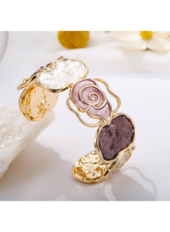 LUREME Gold Rose Cuff Bracelet for Women - Open-End Colorful Enamel Flower Stretch Bangle, Adjustable Vintage Jewelry (bl003607), Standard, Alloy, no gemstone - Image 5