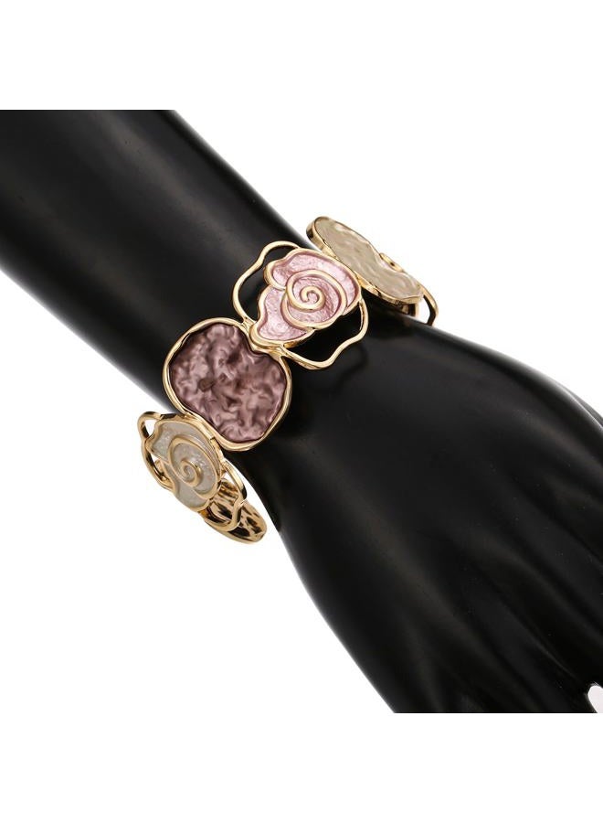 LUREME Gold Rose Cuff Bracelet for Women - Open-End Colorful Enamel Flower Stretch Bangle, Adjustable Vintage Jewelry (bl003607), Standard, Alloy, no gemstone - Image 3