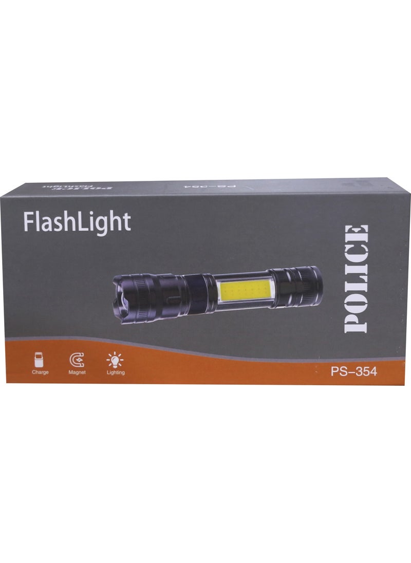 POLICE PS-354 Zoom Rechargeable Flashlight with Red Warning Light and Magnet Feature  - Image 1