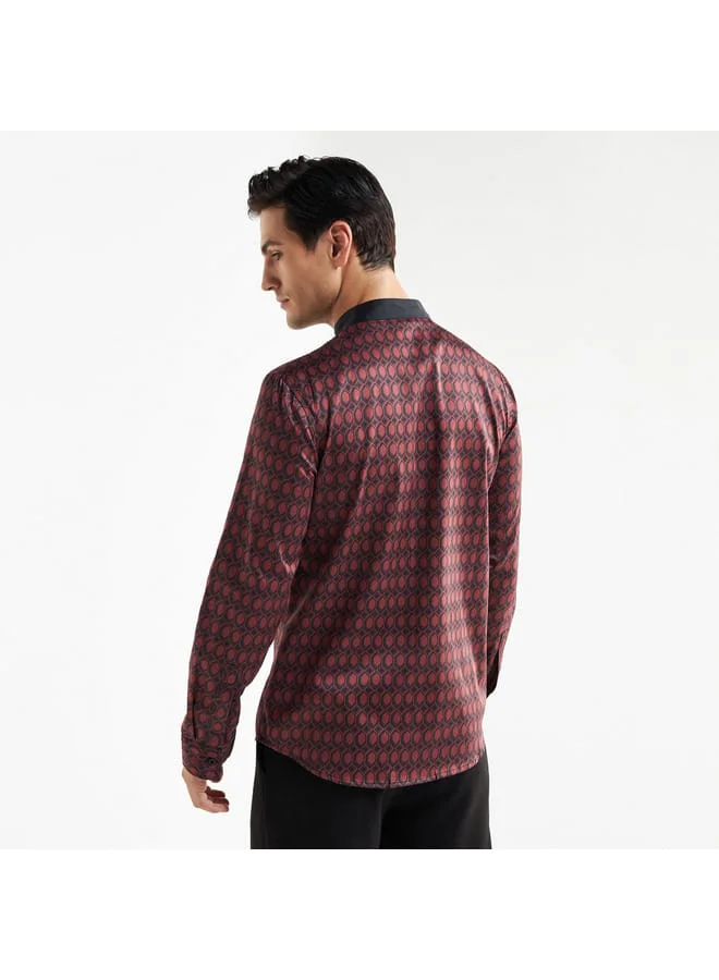 Splash FAV All-Over Geometric Print Shirt with Mandarin Collar and Long Sleeves